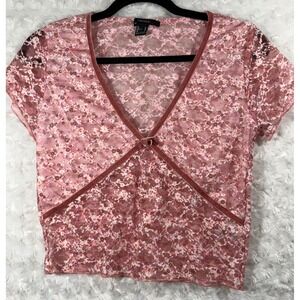 Forever 21 Womens M Pink Floral Mesh V-Neck Velvet Trim Short Sleeve Crop Top